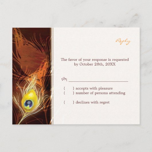 Gold Herbst Peacock Feather Wedding RSVP Einladungspostkarte (Vorderseite)