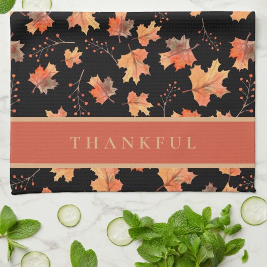 Gold Herbstmaple Blätter Custom Black Geschirrtuch (Gefaltet)