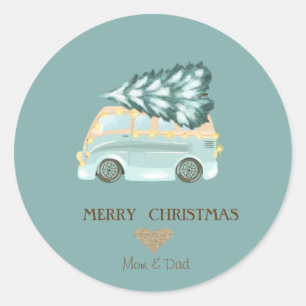 Gold Herz, Grüner LKW Tannenbaum Weihnachten Runder Aufkleber
