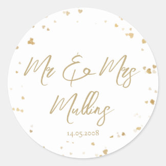 Gold Herz “Mr & Mrs” Hochzeit Runder Aufkleber