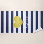 Gold Herzname Nautic Blue and White Streifen Strandtuch (Vorderseite)