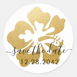 Gold Hibiskus Tropical Blume Save the Date Runder Aufkleber