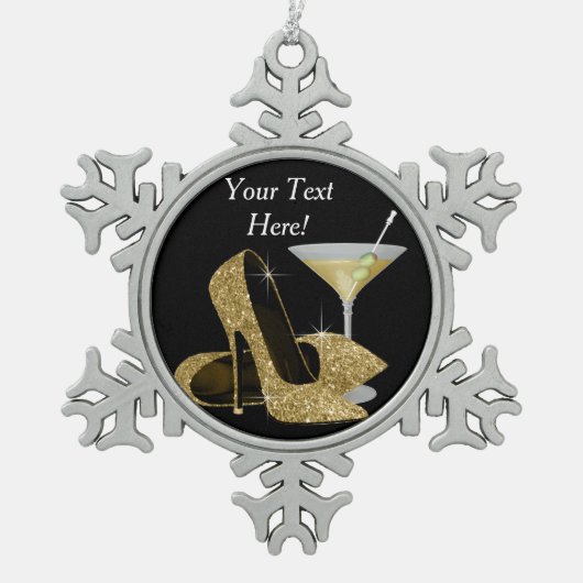 Gold High Heel Schuhe und Martini Schneeflocken Zinn-Ornament (Vorderseite)