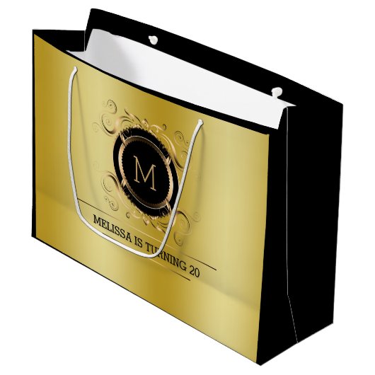 Gold Hintergrund mit Gold und Schwarz Rahmen Große Geschenktüte (Vorderseite Schrägansicht)