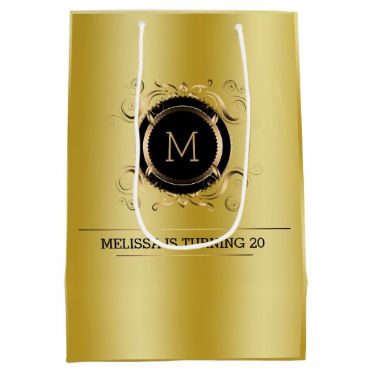 Gold Hintergrund mit Gold und Schwarz Rahmen Mittlere Geschenktüte (Rückseite)