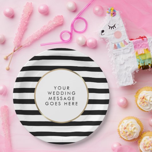 Gold-Hochzeit mit schwarzem und weißem Streifen Pappteller (Party)