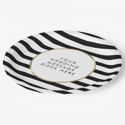 Gold-Hochzeit mit schwarzem und weißem Streifen Pappteller (Schrägansicht)