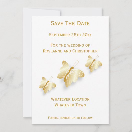 Gold Hochzeit speichert die Datumskartenschmetterl Save The Date (Vorderseite)