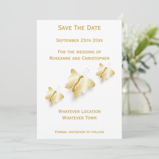 Gold Hochzeit speichert die Datumskartenschmetterl Save The Date (Stehend Vorderseite)