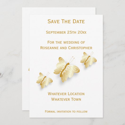 Gold Hochzeit speichert die Datumskartenschmetterl Save The Date (Vorne/Hinten)