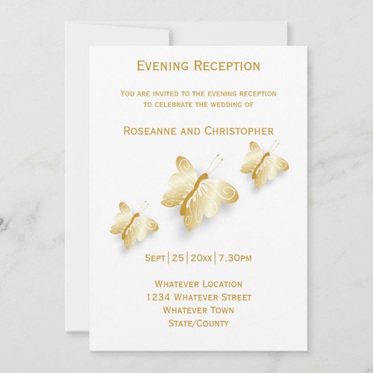 Gold Hochzeitsempfang Einladung Schmetterlinge (Vorderseite)