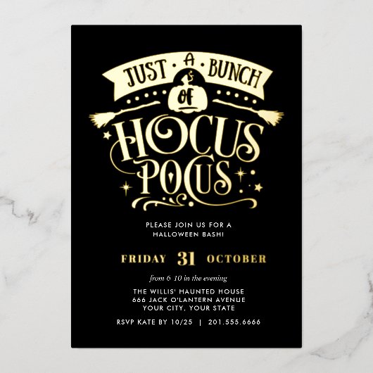 GOLD HOCUS POCUS Halloween Bash Party Foil Folieneinladung (Vorderseite)