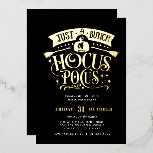 GOLD HOCUS POCUS Halloween Bash Party Foil Folieneinladung (Vorderseite/Rückseite)