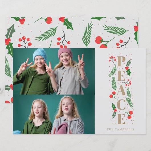Gold Holly Berry Peace Foto Holiday Card (Vorne/Hinten)