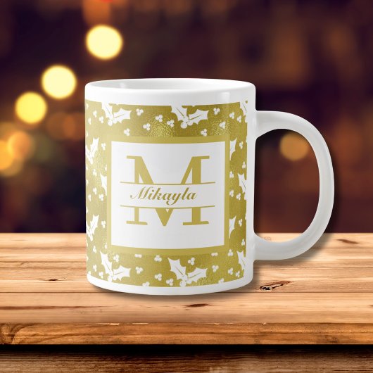 Gold Holly Botanical Monogram Christmas Jumbo-Tasse