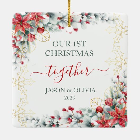 Gold Holly Greenery Floral 1. Weihnachten gemeinsa Keramikornament (Rückseite)
