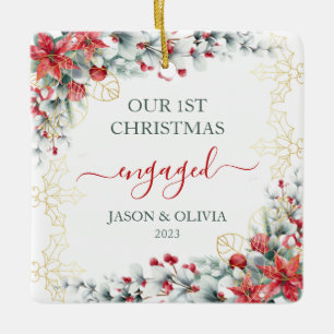 Gold Holly Greenery Floral 1. Weihnachten Verlobt Keramikornament