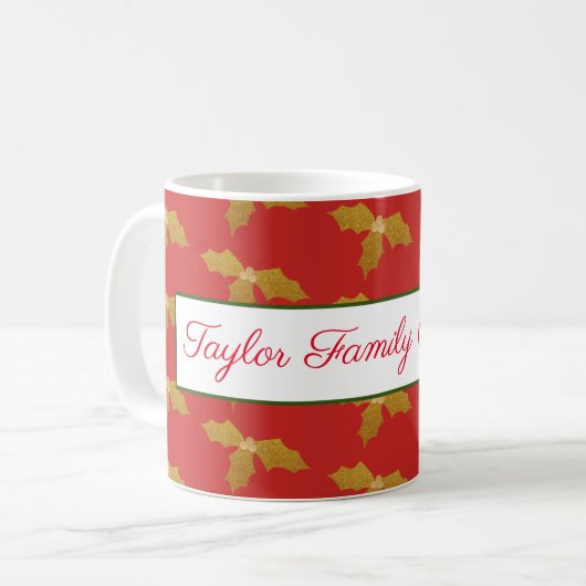 Gold Holly on Red Customizable Kaffeetasse (Vorderseite Links)