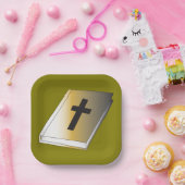 Gold Holy Bible with Black Cross Religious Pappteller (Party)