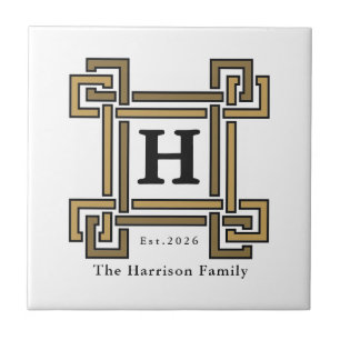 Gold-Holzkohle-Griechischer-Schlüssel-Monogramm-Fa Fliese