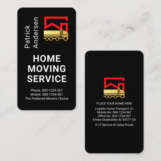 Gold Home Movers Truck On Black Layer Visitenkarte (Vorne/Hinten)