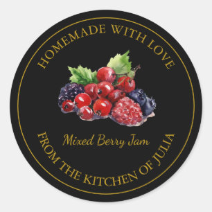 Gold-Homemade-Mixed-Berry-Jam-Label Schwarz Runder Aufkleber