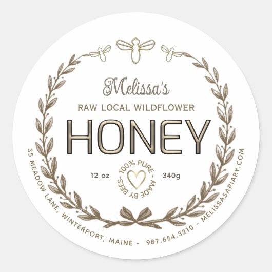 Gold Honey Embossed Text Bees Heart Wreath Taupe Runder Aufkleber (Vorderseite)