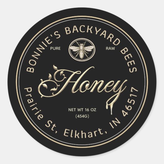 Gold Honey Script Schriftart Heraldic Bee Black Runder Aufkleber (Vorderseite)