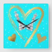 Gold Hört King und Queen Schach Stücke auf Turq | Quadratische Wanduhr (Vorderseite)