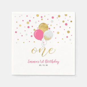 Gold Hot Pink Ballons Konfetti Mädchen 1. Geburtst Serviette