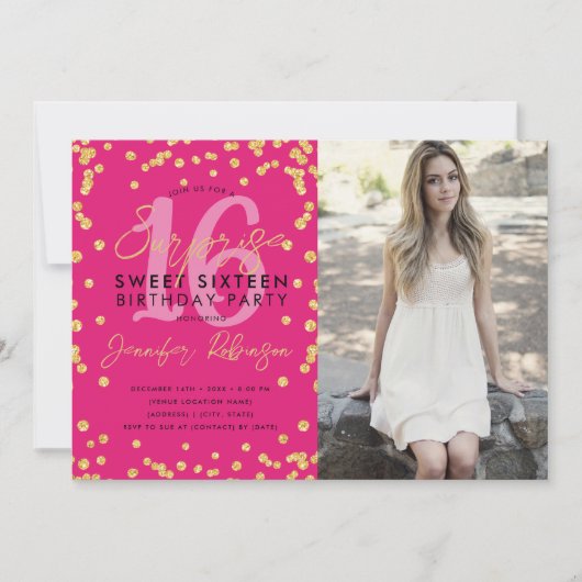 Gold Hot Pink Confetti Foto Überraschung Sweet 16 Einladung (Vorderseite)