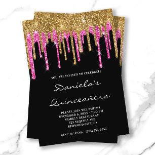 Gold Hot Pink Glitter Tropfen Schwarze Quinceañera Einladung