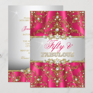 Gold & Hot Pink Perlen Damast Fifty und Fantastisc Einladung