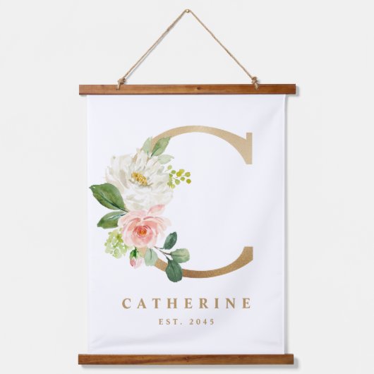 Gold Hübsche florale Monogram Letter C Baby Kinder Wandteppich Mit Holzrahmen (Vorderseite)