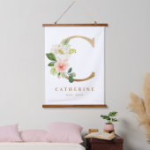 Gold Hübsche florale Monogram Letter C Baby Kinder Wandteppich Mit Holzrahmen (Schlafzimmer)