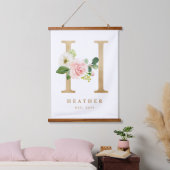 Gold Hübsches Floral Monogram Letter H Baby Kinder Wandteppich Mit Holzrahmen (Schlafzimmer)