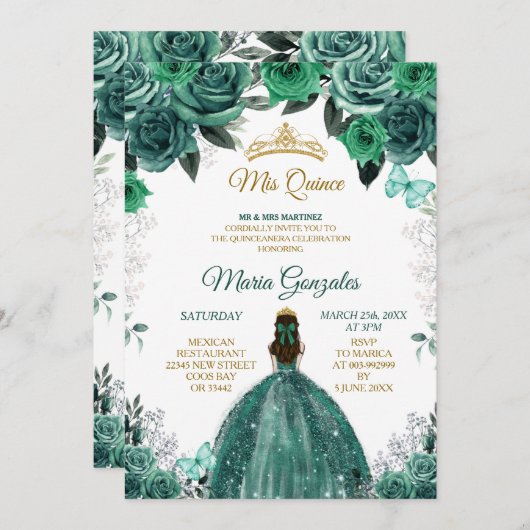 Gold & Hunter Emerald Green Mis Quince Einladung (Vorne/Hinten)