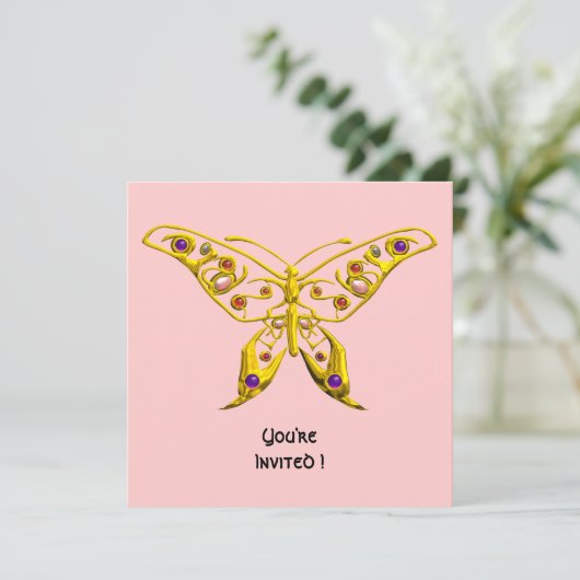 GOLD HYPER BUTTERFLY, GEMSTONES Pink Wedite Einlad Einladung (Stehend Vorderseite)