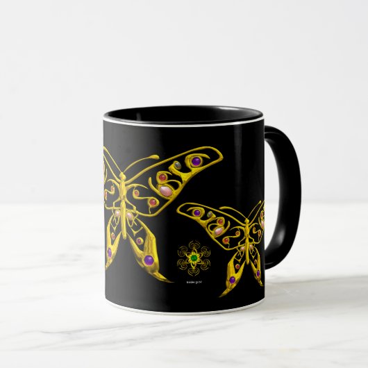 GOLD HYPER BUTTERFLY MIT FARBEN GEMSTONS Black Tasse (VorderseiteRechts)
