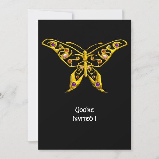 GOLD HYPER BUTTERFLY MIT GEMSTONEN Black Einladung (Vorderseite)