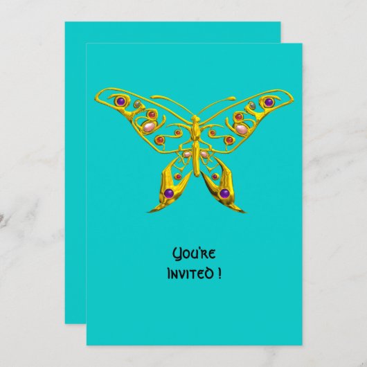GOLD HYPER BUTTERFLY MIT GEMSTONEN, Türkisblau Einladung (Vorne/Hinten)