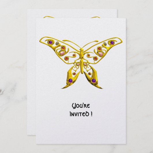 GOLD HYPER BUTTERFLY MIT GEMSTONEN White Einladung (Vorne/Hinten)