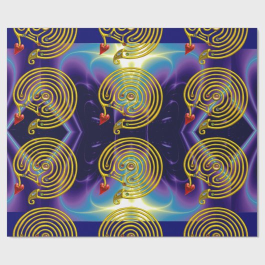 GOLD HYPER LABYRINTH / BLAUE LILA LICHTWELLEN GESCHENKPAPIER (Flach)