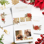 Gold Illuminated Joy Block Letters w/Poinsettias All In One Einladung<br><div class="desc">Elegant "Joy" greeting in ornate gold illuminated Medieval letters embellished with clusters of colorful red and white poinsettias,  evergreens and holly with gold highlights. Includes photo templates and editable text fields.</div>