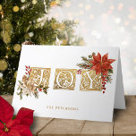 Gold Illuminated Joy Block Letters w/Poinsettias Feiertagskarte<br><div class="desc">Elegant "Joy" greeting in ornate gold illuminated Medieval letters embellished with clusters of colorful red and white poinsettias,  evergreens and holly with gold highlights. Includes photo template and editable text fields.</div>