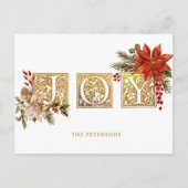 Gold Illuminated Joy Block Letters w/Poinsettias Feiertagspostkarte (Vorderseite)