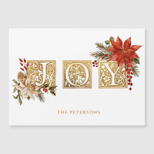 Gold Illuminated Joy Block Letters w/Poinsettias Magnetkarte (Vorderseite)
