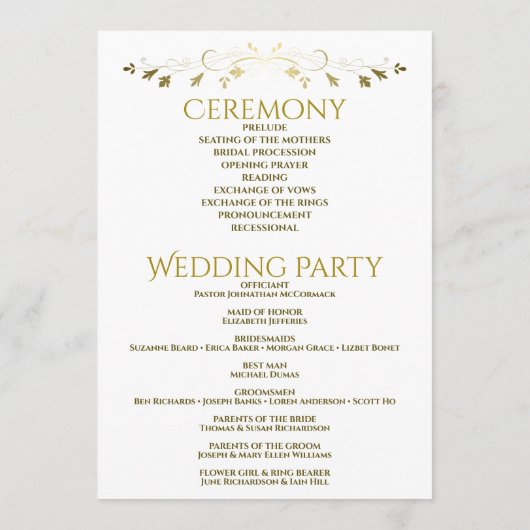 Gold Imitate Foil Elegantes Hochzeitsprogramm Programm (Rückseite)