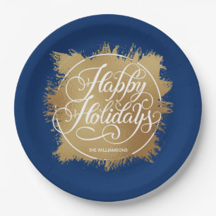 Gold Imitate Foil Happy Holidays Blue Pappteller
