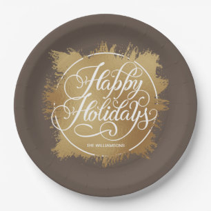 Gold Imitate Foil Happy Holidays Brown Pappteller